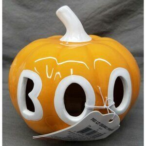 Pre-Lit Ceramic Pumpkin Orange With White BOO Cutout Halloween Decor